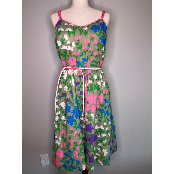 1960s Rainbow Pink Purple Blue Floral Groovy Maximalist Mod Tea Party Dress M - Picture 1 of 10